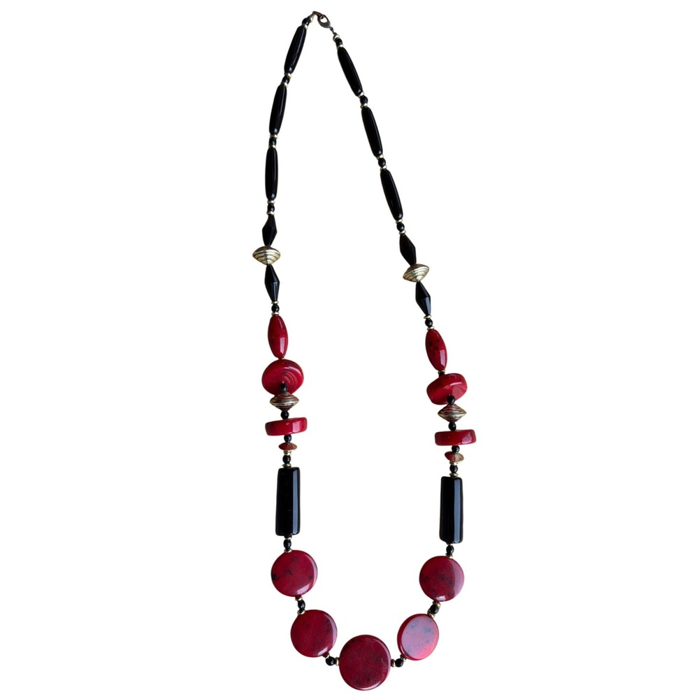 Vintage Red and Black Chunky Beaded Statement Necklace Gold Tone Accents